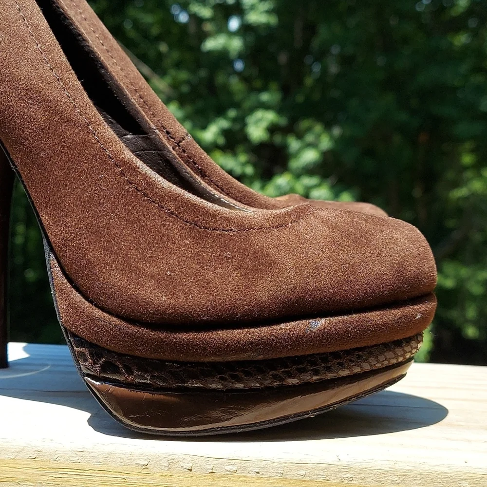 Vintage Fusion Brown faux suede Platform Slip-on Stilettos High Heels Sz 5 1/2